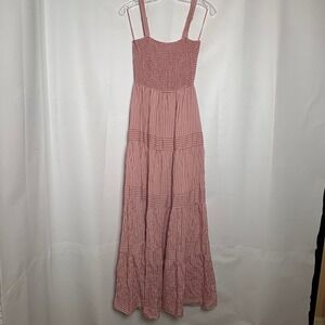 aeom Pink Striped Smocked Tiered Maxi Dress Small Boho Cottage Whimsy Country